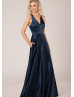 V Neck Navy Blue Satin Bridesmaid Dress